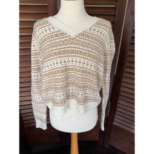 American Eagle Outfitters Fair Isle Knit Sweater Tan Cream V Neck Women XL